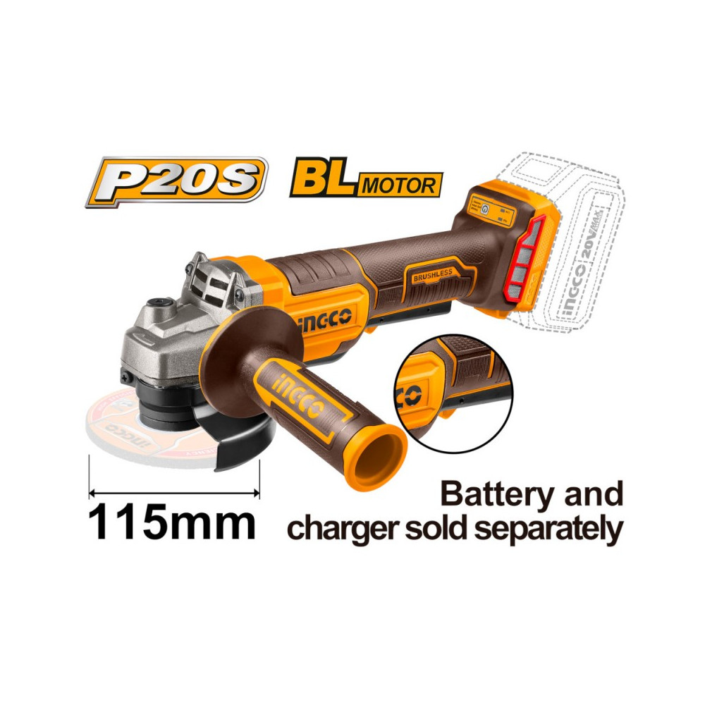 Smerigliatrice Angolare a Batteria Brushless 20V INGCO - Disco da 115 mm